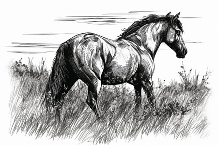Hand drawn ink illustration of a wild horse in its natural habitat. Created with generative AI.の素材