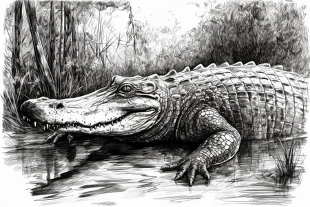 Hand drawn ink illustration of an aligator in its natural habitat. Created with generative AI.の素材