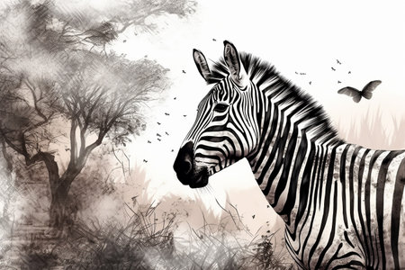 Hand drawn ink illustration of a zebra in its natural habitat. Created with generative AI.の素材