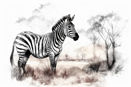 Hand drawn ink illustration of a zebra in its natural habitat. Created with generative AI.の素材