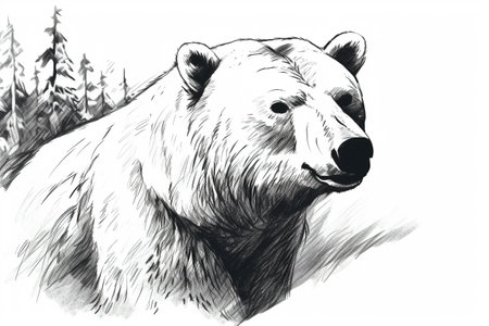 Hand drawn ink illustration of a polar bear in its natural habitat. Created with generative AI.の素材