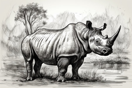 Hand drawn ink illustration of a rhinoceros in its natural habitat. Created with generative AI.の素材