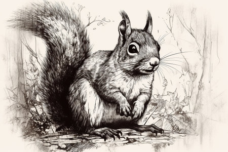 Hand drawn ink illustration of a squirrel in its natural habitat. Created with generative AI.の素材