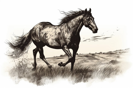 Hand drawn ink illustration of a wild horse in its natural habitat. Created with generative AI.の素材