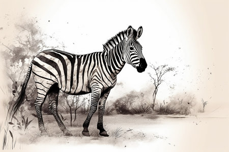 Hand drawn ink illustration of a zebra in its natural habitat. Created with generative AI.の素材