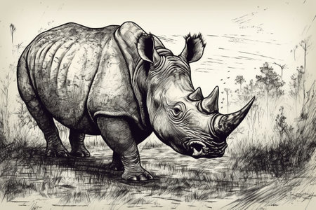 Hand drawn ink illustration of a rhinoceros in its natural habitat. Created with generative AI.の素材