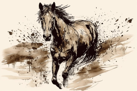Hand drawn ink illustration of a wild horse in its natural habitat. Created with generative AI.の素材
