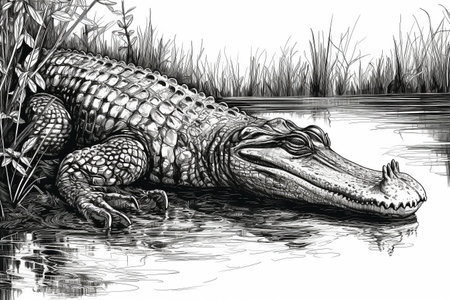 Hand drawn ink illustration of an aligator in its natural habitat. Created with generative AI.の素材