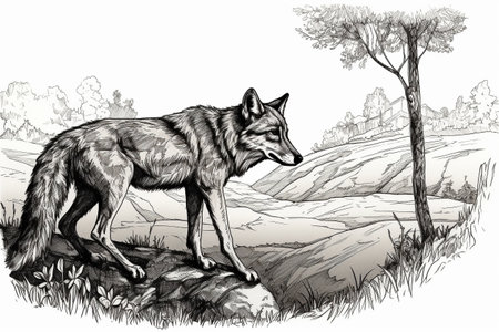 Hand drawn ink illustration of a wolf in its natural habitat. Created with generative AI.の素材