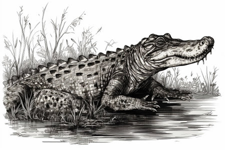 Hand drawn ink illustration of an aligator in its natural habitat. Created with generative AI.の素材
