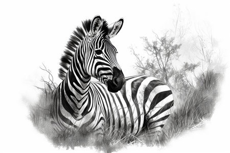 Hand drawn ink illustration of a zebra in its natural habitat. Created with generative AI.の素材