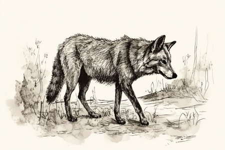Hand drawn ink illustration of a wolf in its natural habitat. Created with generative AI.の素材