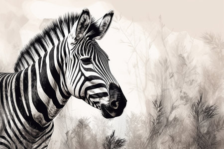 Hand drawn ink illustration of a zebra in its natural habitat. Created with generative AI.の素材
