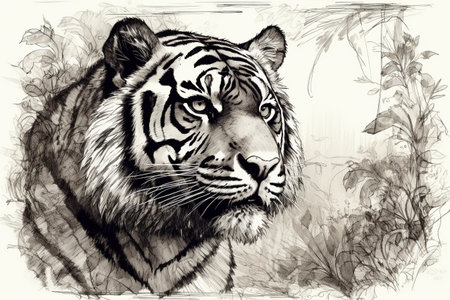 Hand drawn ink illustration of a tiger in its natural habitat. Created with generative AI.の素材