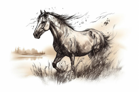 Hand drawn ink illustration of a wild horse in its natural habitat. Created with generative AI.の素材