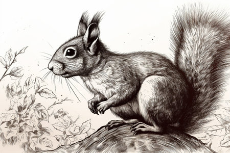 Hand drawn ink illustration of a squirrel in its natural habitat. Created with generative AI.の素材