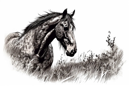Hand drawn ink illustration of a wild horse in its natural habitat. Created with generative AI.の素材