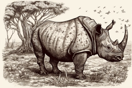 Hand drawn ink illustration of a rhinoceros in its natural habitat. Created with generative AI.の素材
