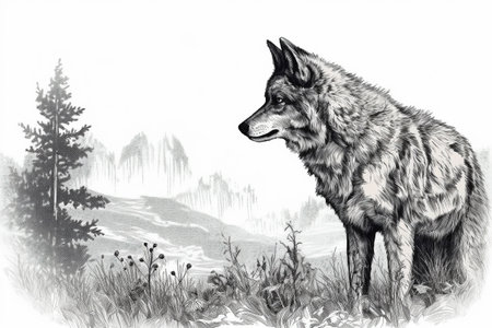 Hand drawn ink illustration of a wolf in its natural habitat. Created with generative AI.の素材
