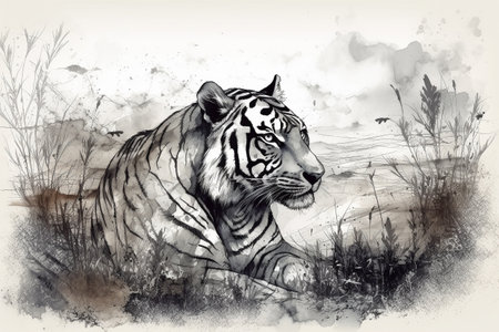Hand drawn ink illustration of a tiger in its natural habitat. Created with generative AI.の素材