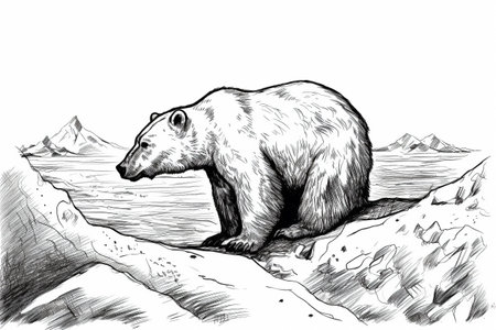 Hand drawn ink illustration of a polar bear in its natural habitat. Created with generative AI.の素材