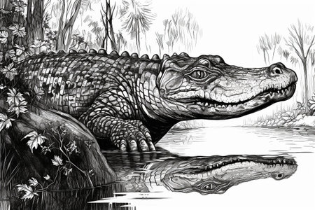 Hand drawn ink illustration of an aligator in its natural habitat. Created with generative AI.の素材