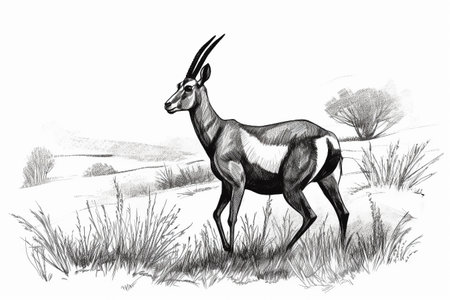 Hand drawn ink illustration of an antilope in its natural habitat. Created with generative AI.の素材