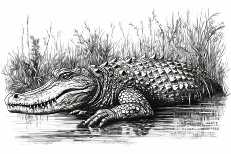 Hand drawn ink illustration of an aligator in its natural habitat. Created with generative AI.の素材