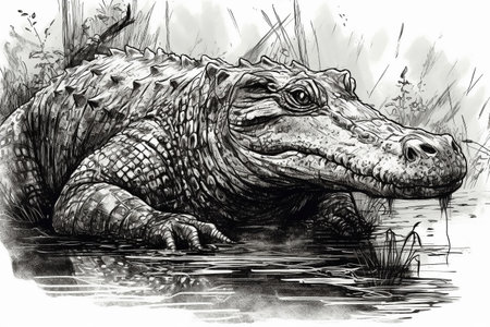 Hand drawn ink illustration of an aligator in its natural habitat. Created with generative AI.の素材