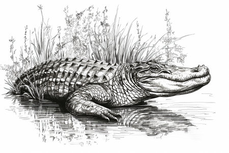 Hand drawn ink illustration of an aligator in its natural habitat. Created with generative AI.の素材