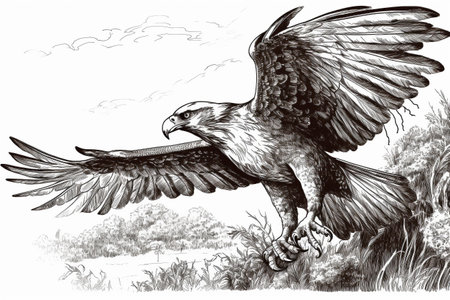 Hand drawn ink illustration of an eagle in its natural habitat. Created with generative AI.の素材
