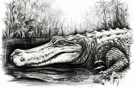 Hand drawn ink illustration of an aligator in its natural habitat. Created with generative AI.の素材