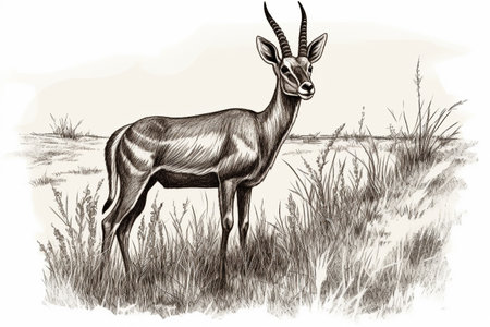 Hand drawn ink illustration of an antilope in its natural habitat. Created with generative AI.の素材