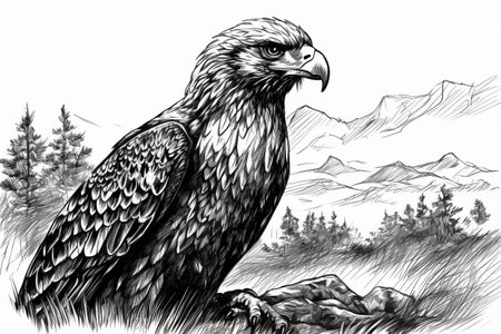 Hand drawn ink illustration of an eagle in its natural habitat. Created with generative AI.の素材
