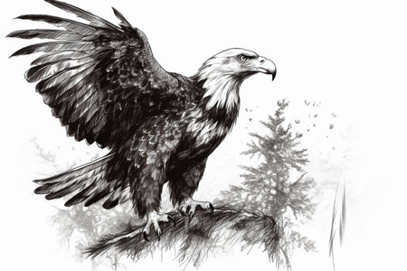 Hand drawn ink illustration of an eagle in its natural habitat. Created with generative AI.の素材