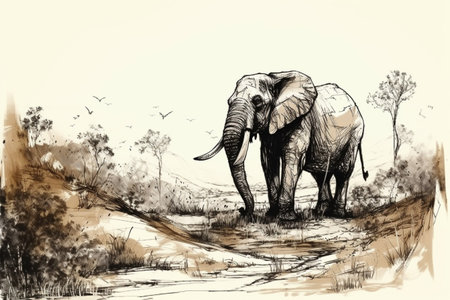 Hand drawn ink illustration of an elephant in its natural habitat. Created with generative AI.の素材