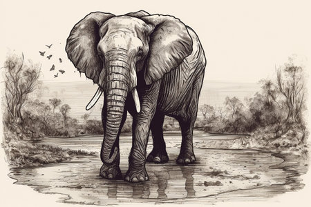 Hand drawn ink illustration of an elephant in its natural habitat. Created with generative AI.の素材