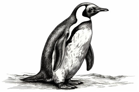 Hand drawn ink illustration of a emperor penguin in its natural habitat. Created with generative AI.の素材