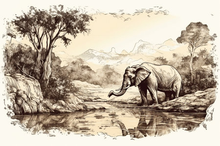 Hand drawn ink illustration of an elephant in its natural habitat. Created with generative AI.の素材