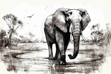 Hand drawn ink illustration of an elephant in its natural habitat. Created with generative AI.の素材