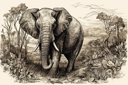 Hand drawn ink illustration of an elephant in its natural habitat. Created with generative AI.の素材
