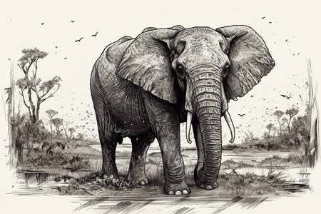Hand drawn ink illustration of an elephant in its natural habitat. Created with generative AI.の素材