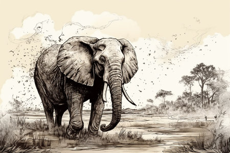 Hand drawn ink illustration of an elephant in its natural habitat. Created with generative AI.の素材