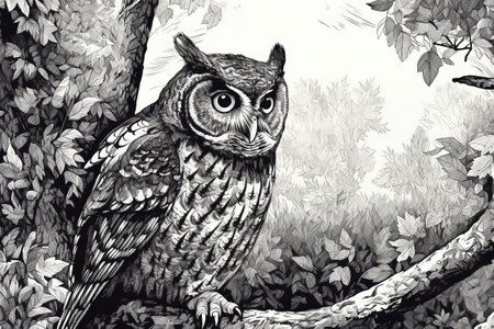 Hand drawn ink illustration of an owl in its natural habitat. Created with generative AI.の素材
