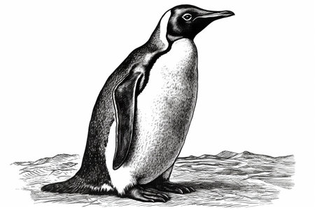 Hand drawn ink illustration of a emperor penguin in its natural habitat. Created with generative AI.の素材