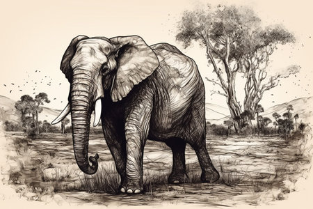 Hand drawn ink illustration of an elephant in its natural habitat. Created with generative AI.の素材