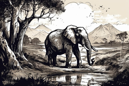Hand drawn ink illustration of an elephant in its natural habitat. Created with generative AI.の素材