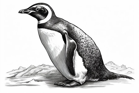 Hand drawn ink illustration of a emperor penguin in its natural habitat. Created with generative AI.の素材