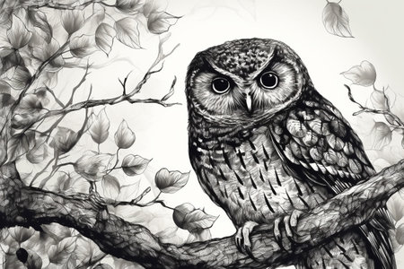 Hand drawn ink illustration of an owl in its natural habitat. Created with generative AI.の素材