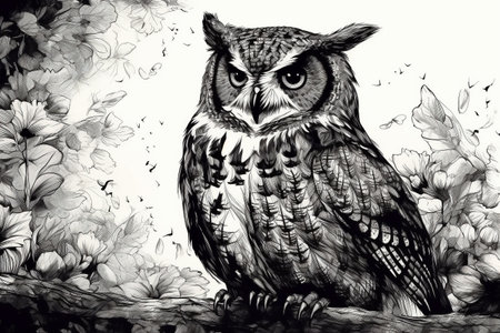 Hand drawn ink illustration of an owl in its natural habitat. Created with generative AI.の素材